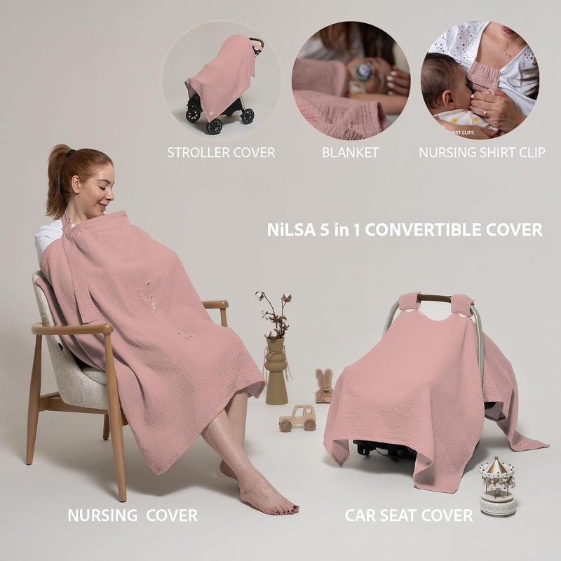 Nilsa 5-in-1 Muslin Nursing Cover up for Breastfeeding & Baby Car Seat Cover - Breathable Breastfeeding Cover With Rigid Hoop - 100% Cotton Privacy Apron Breast Feeding Covers For Women (Blush) - Image 4